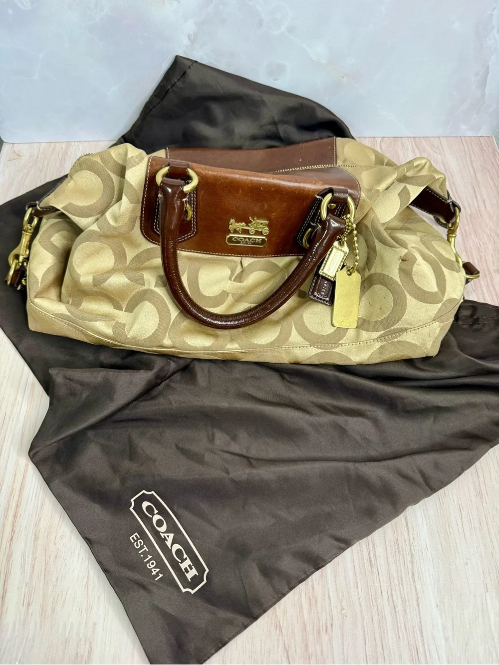 COACH Brown & Tan Signature Shoulder Satchel